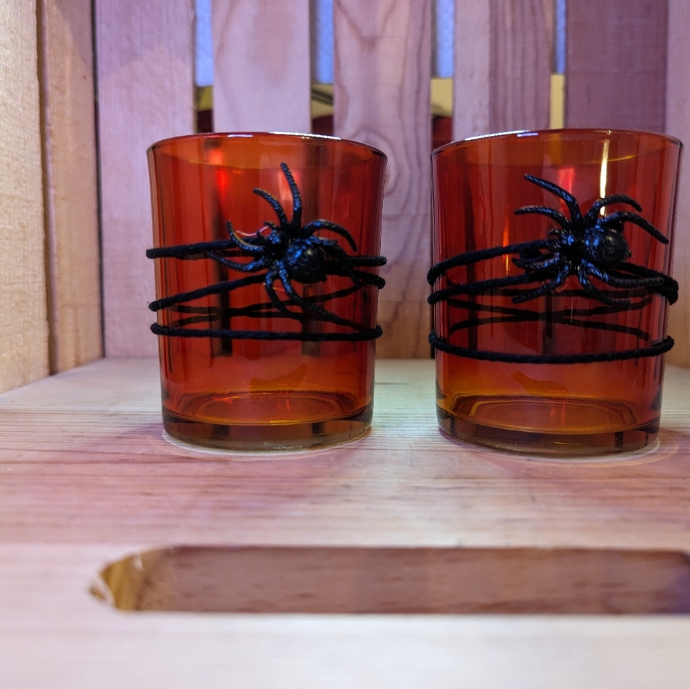 Set of 2 Glass Spider Votive Candle Holders
